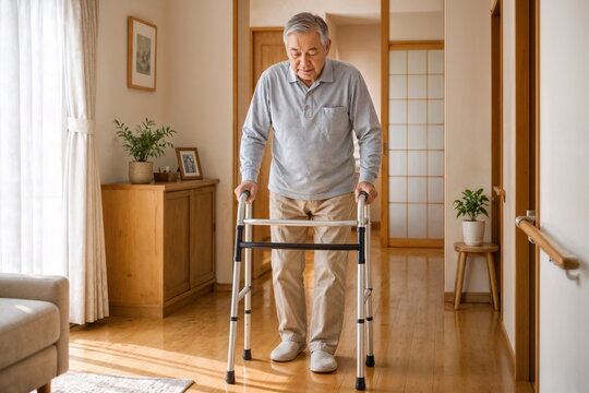Elderly Asian man using a walker to walk at home, geriatric care concept, generative AI