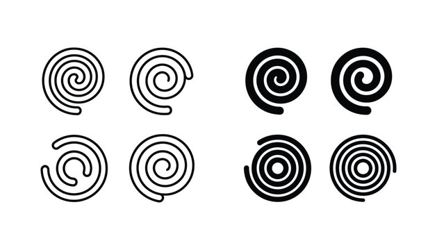 Spiral swirl vortex pattern icons set in multiple line weight outline and solid black silhouette styles for abstract graphic design