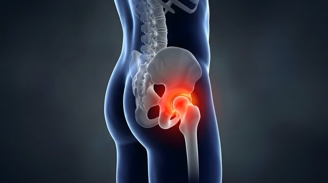 Medical 3D illustration showing hip joint pain in human anatomy.