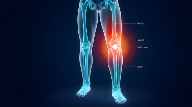 Medical 3D illustration showing knee joint pain in a human skeleton.