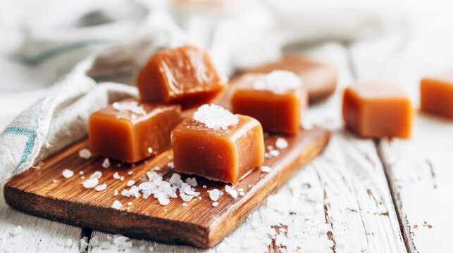 Caramel squares creating a sweet and salty taste, featuring artisanal candy and a cozy culinary experience
