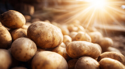 Fototapeta premium Raw potatoes piled closely, showing fresh harvest, earthy textures. Golden sunlight brightens potential food supply theme