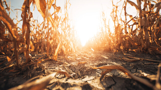 Dry cornfield suffering from severe drought, withered corn plants under intense orange sunlight, global food crisis concept