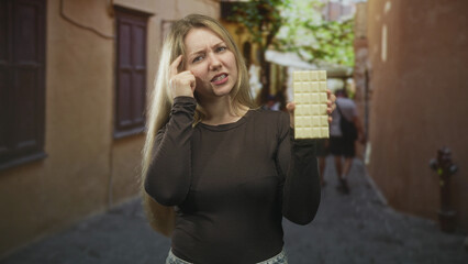 Fototapeta premium Blonde woman points finger to temple while holding a white chocolate bar in one hand on a narrow cobblestone street; confusion craving.