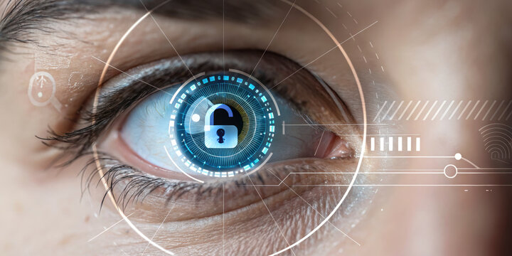 Eye with digital security interface and unlocked padlock symbol, representing biometric access and data protection technology