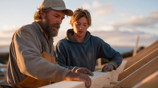 Seasoned timber framer and young apprentice align a cathedral roof truss on a rural residential build site at golden hour, sawdust catching warm light as both workers study the ridge board connectio