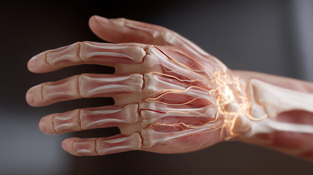 Annotated human hand and wrist anatomy diagram showing carpal bones, extensor tendons, ulnar and radial arteries, and median nerve pathway with ergonomic risk zone highlights for occupational therap