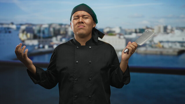 Man chef in black uniform holds cleaver near head with closed eyes on seaside building terrace while gesturing with free hand; frustration kitchen stress.