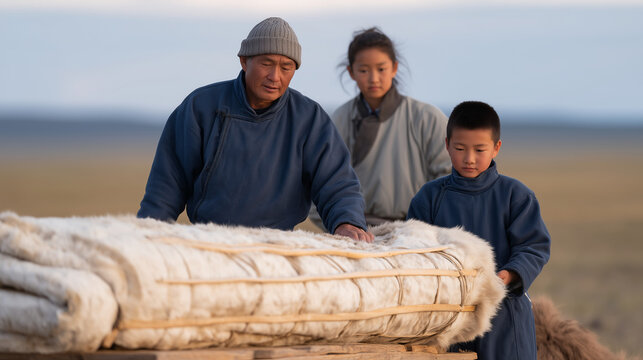 wide establishing view of Mongolian herder family breaking down ger camp on open steppe, felted wall panels rolled and loaded onto camel, children helping adults fold wooden lattice frame, nomadic l