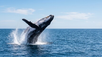 Fototapeta premium Breaching Humpback Whale Splashing Above Open Ocean for World Whale and Dolphin Day Photo