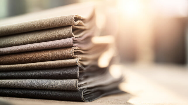 Stack of fabric samples in neutral tones, showing soft suede texture and inviting material choices with warm light
