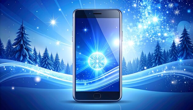 Phone displays a glowing blue snowflake over a wintery landscape backdrop with snowy trees and swirling patterns