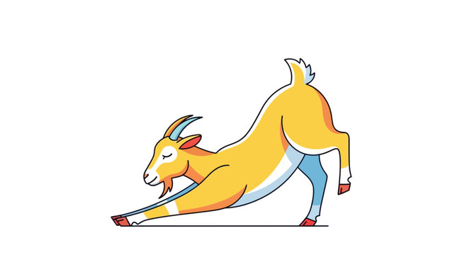 A vibrant cartoon goat performing low lunge yoga pose in a dynamic modern artistic style on a clean white background for a fun fitness or wellness concept.