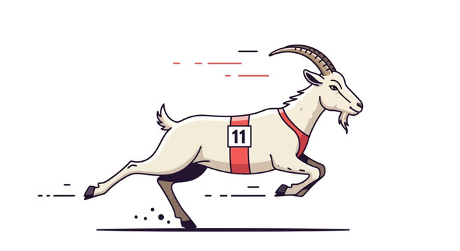 A white goat wearing a red racing bib with the number 11, running fast in a dynamic motion, depicted in a modern, minimalist, line-art style, evoking a sense of speed and competition in a sp