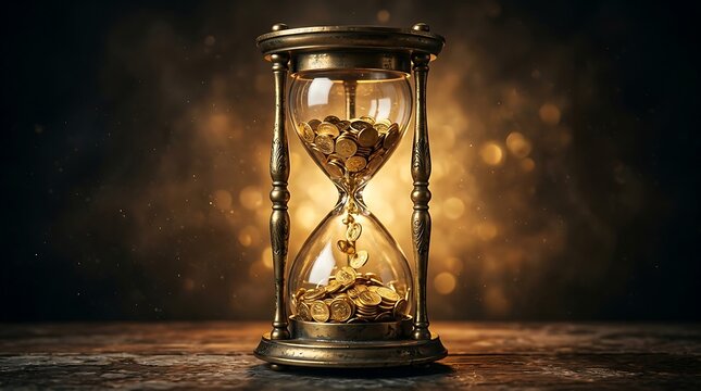 Hourglass filled with gold currency resting on aged timber against glowing bokeh lights. Cinematic macro photography highlights the flow of wealth. Ideal for banking and retirement advertising.