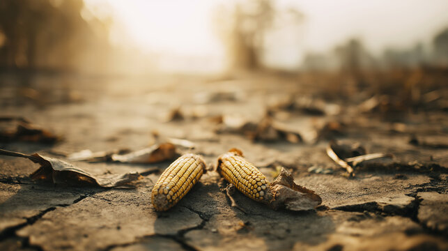 Dried corn cobs on cracked soil symbolizing drought, global warming, and food scarcity for agriculture production