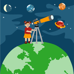 Naklejka premium Little kid using telescope for astronomical constellations, moon and planets. vector illustration.