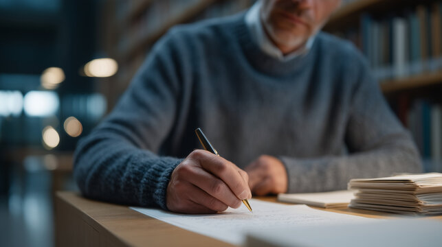 AI voice cloning ethics researcher annotating transcripts at a library reading table, policy documents and audio spectrogram printouts stacked alongside a legal pad filled with consent framework not