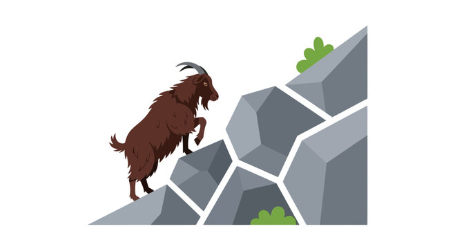 Brown mountain goat climbing steep rocky cliff face with green moss in a geometric flat design style on white background outdoors