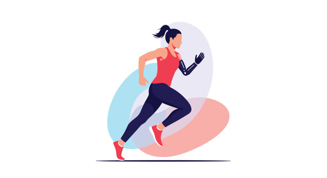 Powerful female runner with a prosthetic arm sprints fast through the air against a background of soft colorful abstract circle shapes.