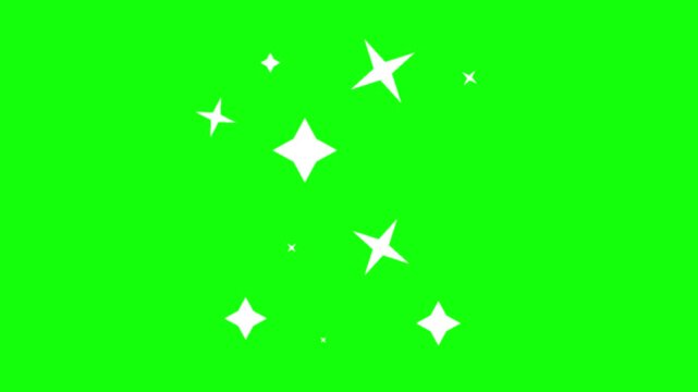 A motion graphics video of white shining stars twinkling softly on a bright green background. Use different star sizes and simple four-pointed sparkle shapes with gentle pulsing and subtle scale.