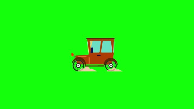 A 2D animated video of an old vintage car in side view on a bright green background. Add smooth wheel rotation, subtle body bounce, and a gentle rocking motion to make the classic vehicle feel alive. 