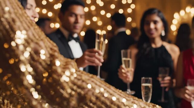 Gold Sequin Dress at Elegant Evening Gala with Blurred People Mingling and Drinking Champagne in Warm Festive Light