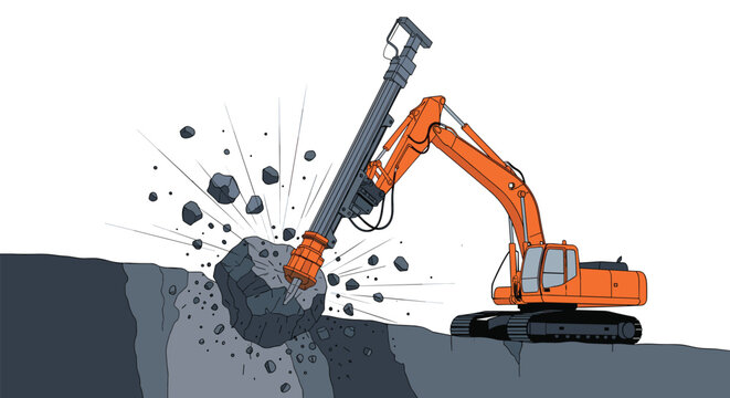 Heavy orange excavator with a hydraulic breaker attachment smashes through a large rock at a busy construction or demolition site.