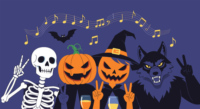 Group of spooky Halloween creatures including a skeleton and pumpkin heads make peace signs while celebrating together with music.