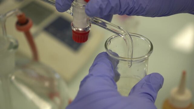 Close-up of a scientist in purple gloves dispensing clear liquid from a glass apparatus into a beaker. Perfect macro B-roll for chemistry, titration, medical research, and pharmaceutical testing.