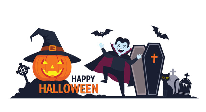 Playful Halloween illustration features a dancing vampire and a large pumpkin character in a graveyard under a moonlit sky with bats.