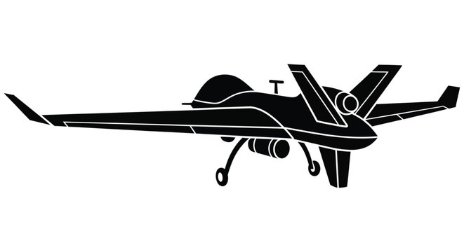 Black silhouette of a military drone aircraft side view against a white background