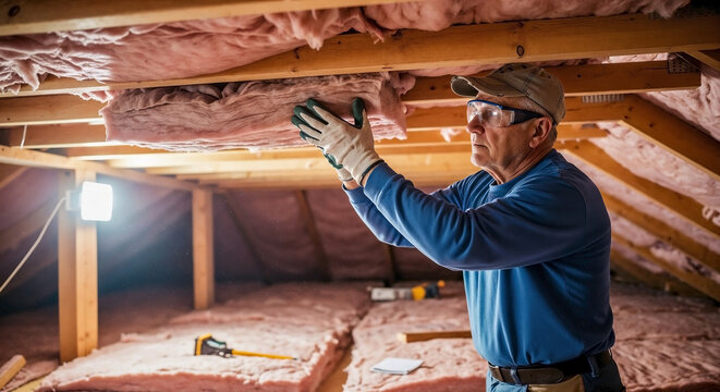 Old man insulating attic, carefully placing pink fiberglass material between wooden rafters. Experienced worker enhances home thermal regulation, improving comfort, reducing energy costs.