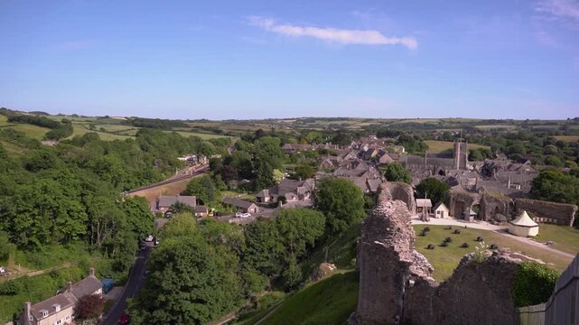 Panoramic View of Historic Corfe Castle Village and Dorset Countryside