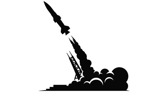 Black silhouette of a rocket launching with significant smoke and fire