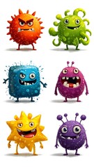 Fototapeta premium Cute Cartoon Virus Characters Mascot Set – Colorful 3D Microbe Collection with Water Droplets. for medical education, children’s health content, microbiology illustration, game assets.