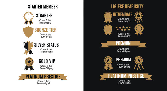 Luxury loyalty program badges, bronze silver gold and platinum membership tier icons, premium reward level medals and ribbons for gaming and business