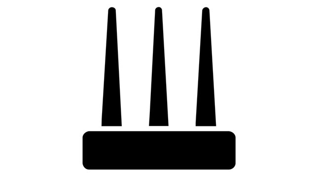 Black minimalist vector icon illustration of a wireless internet router with three vertical antennas, representing high-speed WiFi connectivity, network hardware, and digital communication technology.