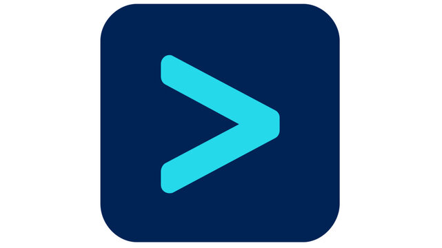Professional vector icon illustration featuring a cyan greater-than symbol on a dark blue square background, representing a command line prompt, terminal, coding, or software development interface.