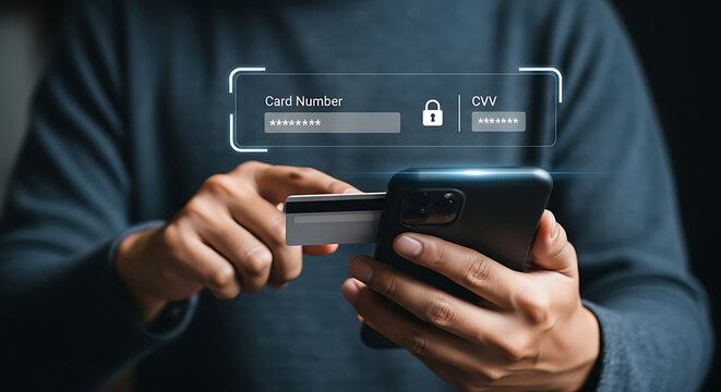 Person entering credit card details on smartphone for online payment
