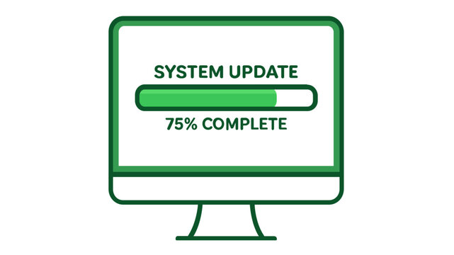 Green vector illustration of a computer monitor displaying a system update progress bar at 75 percent complete, minimalist flat icon for software upgrades, tech maintenance, and data loading.