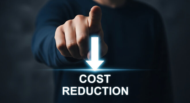Hand pressing down on cost reduction button with glowing arrow on dark background