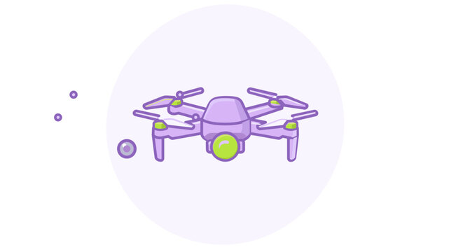 Purple and green flying drone camera vector icon illustration. Minimalist flat design quadcopter for aerial photography, surveillance, and remote control. Scalable tech graphic.