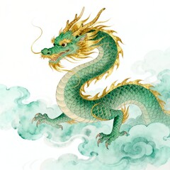 Fototapeta premium 水彩风格传统青龙祥云插画
