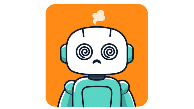 Vector illustration of a cute robot experiencing a system crash or technical error. The robot has spiral eyes and smoke coming from its head, symbolizing a malfunction, breakdown, or burnout.