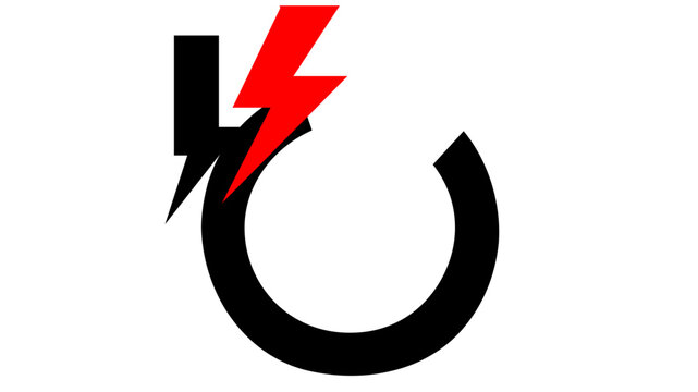 Vector illustration of a computer system crash icon featuring a black power button symbol with a red lightning bolt strike, representing technical failure, electrical surge, and system error.