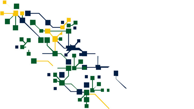 Abstract data cluster analysis vector illustration featuring interconnected colorful squares and lines representing a complex network, digital information flow, and scientific research data.