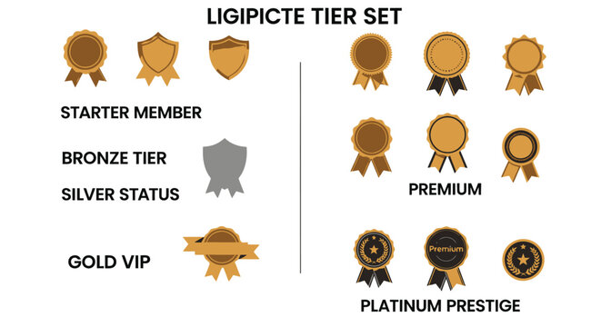 Ligipicte tier set of gold and silver badges, premium membership level icons with ribbons, platinum prestige and bronze status vector labels