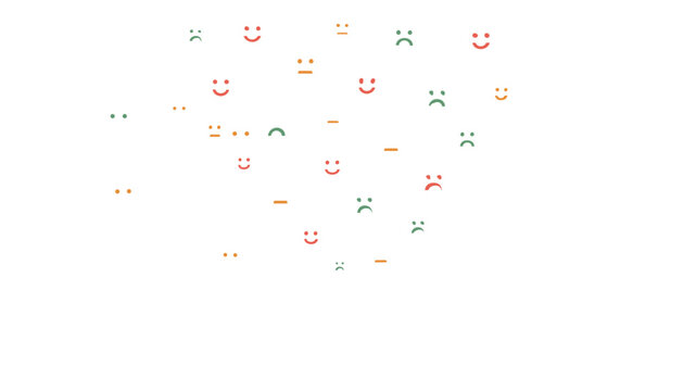 Vector illustration of customer sentiment analysis icons with happy, neutral, and sad emoticons arranged in a heart shape, ideal for feedback surveys, mood tracking, and mental health apps.