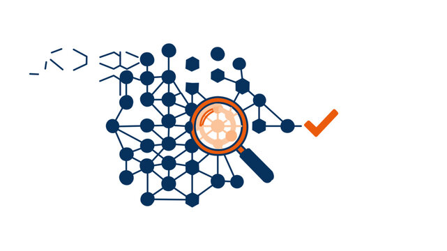 Product recommendation engine vector icon illustration featuring a complex data network analyzed by a magnifying glass and validated with a checkmark for AI-driven business insights and search.